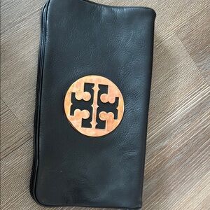 Tory Burch Black Leather Clutch with Gold Emblem